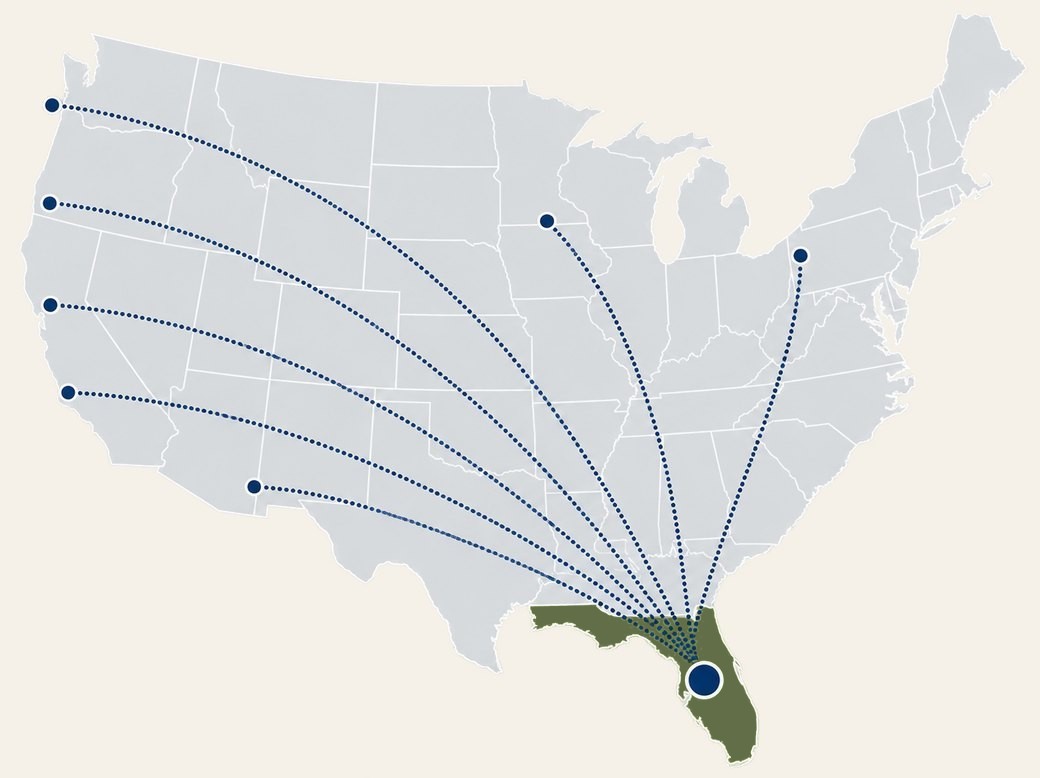 Dotted routes from cities across the United States converging on Tampa Bay, Florida.